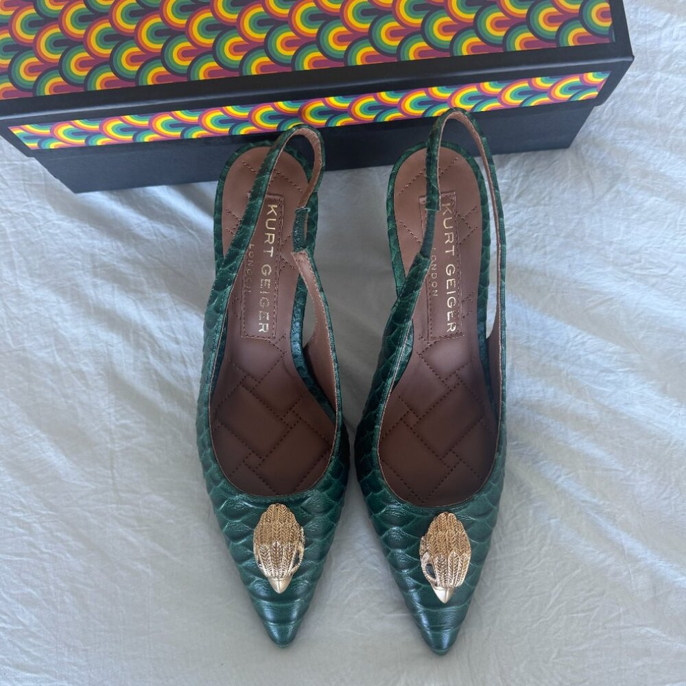 Kurt Geiger Dark Green Textured Slingback Pumps with Gold Accent - Picture 4 of 7